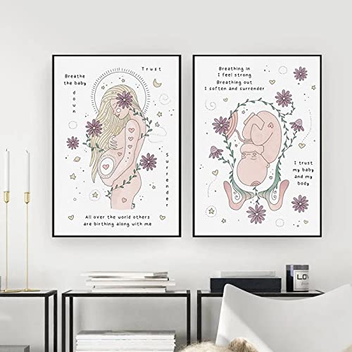 Yangld Blumen Schwangerschaft Mama Baby Kinder Wandkunst Leinwand Malerei Nordische Poster und Drucke Wandbilder Raumdekoration 15,7" x 23,6"(40x60cm) x2 Kein Rahmen von Yangld