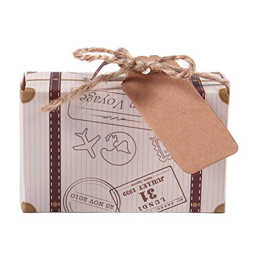 Yangyou 50 Stück Mini-Koffer-Geschenkboxen, Partygeschenke, Süßigkeiten-Box, Vintage-Kraftpapier mit Etiketten und Seil für Hochzeit/Reiseparty/Brautparty-Dekoration von Yangyou
