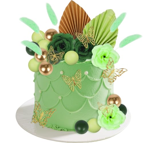 Yanmucy Rose Gold Tortendeko Boho Dekor Boho Torten Deko Cake Topper Happy Birthday Decorations Kugeln Künstliche Blumen Blattgold Kuchendekoration für Hochzeit Valentins Party (Rose gold) von Yanmucy