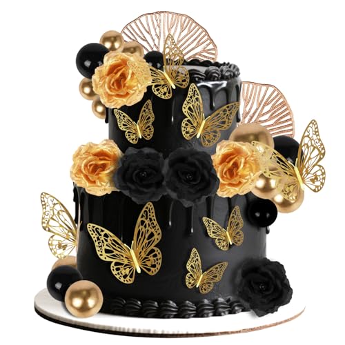 Yanmucy Rose Gold Tortendeko Boho Dekor Boho Torten Deko Cake Topper Happy Birthday Decorations Kugeln Künstliche Blumen Blattgold Kuchendekoration für Hochzeit Valentins Party (Schwarzes Gold) von Yanmucy