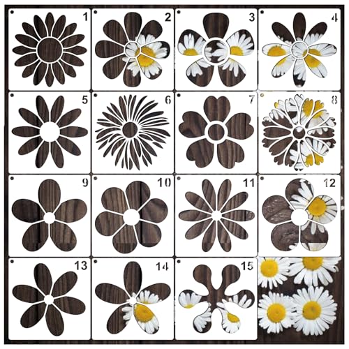 Blumenschablonen zum Malen auf Holz, wiederverwendbar, Gänseblümchen-Schablone, Kunstfarbe auf Wand, Leinwand, Muster, Frühlingsblumen, Malschablonen für Kartenherstellung, Stoff, Hemd, Möbel (15 Blumenschablonen zum Malen auf Holz, wiederverwendbar, Gänseblümchen-Schablone, Kunstfarbe auf Wand, Leinwand, Muster, Frühlingsblumen, Malschablonen für Kartenherstellung, Stoff, Hemd, Möbel (15 von Yanroom