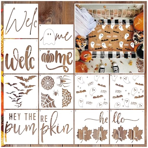 Große Halloween-Herbst-Fußmatte, Schablonen, wiederverwendbar, Geisterfledermaus, Hallo Herbst, Kürbis, Willkommensschablone, Zeichnen, Fußmatte, Schablonen zum Malen auf Fußmatten, Holzschild, DIY von Yanroom