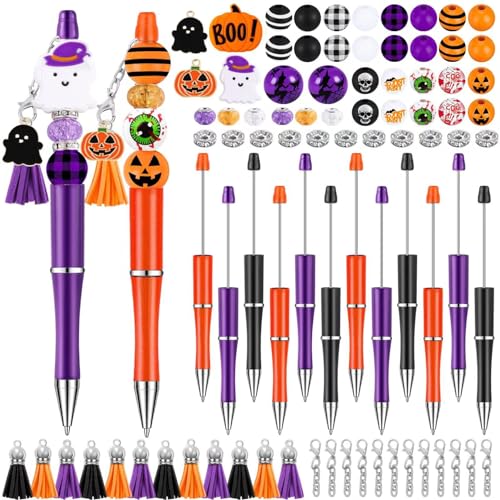 12 Set Perlenstifte Halloween Crafting Stifte Plastikkräfel prozentuierbarer Bulk -Kugelschub -DIY -Stift -Kit mit Holzperlen Anhänger für Halloween -Schüler Teens School Office Supplies DIY Perlenba von Yaoliucp