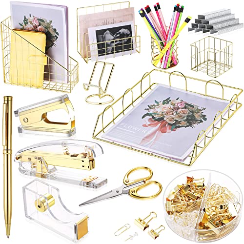 13-teiliges Schreibtisch-Organizer, Bürozubehör-Set, Magazin-Aktenordner, Briefsortierer, Stift, Becher, Notizhalter, Handyhalter, Heftklammern, Kugelschreiber, Schere für Zuhause (Gold) von Yaomiao