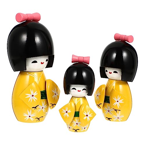 Yardenfun 3 Stück Teiliges Set Japanische Kimono Puppe Dekofigur Handgefertigte Holzfigur für Desktop Sammlerstück und Geschenkidee Vintage Stil Bunte Kimono Dekoration von Yardenfun