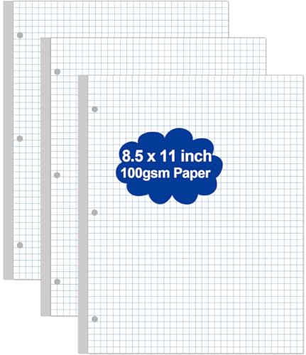 A4-Raster-Füllpapier, 3 Löcher, Briefgröße, 300 Blatt/600 Seiten, lose Blätter, 100 g/m² weißes Papier, 21,6 x 27,9 cm, 3 Stück von Yaridar