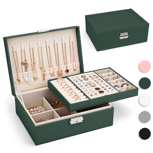 Yarmiene Schmuckkästchen für Damen, 2-schichtige Schmuckschatulle, PU-Leder Schmuckkoffer Schmuckaufbewahrung, Schmuckbox Reise für Ringe, Ohrringe, Armbänder, Ketten für Frauen, Dunkelgrün Yarmiene Schmuckkästchen für Damen, 2-schichtige Schmuckschatulle, PU-Leder Schmuckkoffer Schmuckaufbewahrung, Schmuckbox Reise für Ringe, Ohrringe, Armbänder, Ketten für Frauen, Dunkelgrün von Yarmiene