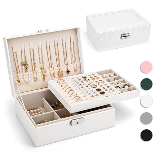 Yarmiene Schmuckkästchen für Damen, 2-schichtige Schmuckschatulle, PU-Leder Schmuckkoffer Schmuckaufbewahrung, Schmuckbox Reise für Ringe, Ohrringe, Armbänder, Ketten für Frauen, Perlweiß Yarmiene Schmuckkästchen für Damen, 2-schichtige Schmuckschatulle, PU-Leder Schmuckkoffer Schmuckaufbewahrung, Schmuckbox Reise für Ringe, Ohrringe, Armbänder, Ketten für Frauen, Perlweiß von Yarmiene