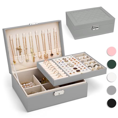 Yarmiene Schmuckkästchen für Damen,2-schichtige Schmuckschatulle,PU-Leder Schmuckaufbewahrung Schmuckkoffer,Schmuckbox für Ringe, Ohrringe, Armbänder, Ketten für Frauen,Ehefrau,Grau Yarmiene Schmuckkästchen für Damen,2-schichtige Schmuckschatulle,PU-Leder Schmuckaufbewahrung Schmuckkoffer,Schmuckbox für Ringe, Ohrringe, Armbänder, Ketten für Frauen,Ehefrau,Grau von Yarmiene