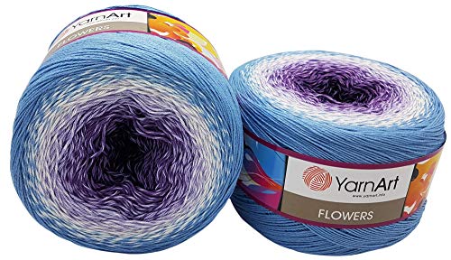 YarnArt Flowers 500 Gramm Bobbel Wolle Farbverlauf, 55% Baumwolle, Bobble Strickwolle Mehrfarbig (lila flieder blau weiss 264) von Yarn Art Flowers