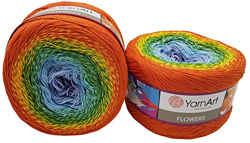 YarnArt Flowers 500 Gramm Bobbel Wolle Farbverlauf, 55% Baumwolle, Bobble Strickwolle Mehrfarbig (orange grün blau lila 255) von Yarn Art Flowers