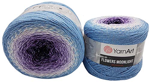 YarnArt Flowers 500 Gramm Bobbel Wolle mit Glitzer und Farbverlauf, 53% Baumwolle, Bobble Strickwolle Mehrfarbig (blau weiß Flieder 3264) von Yarn Art Flowers