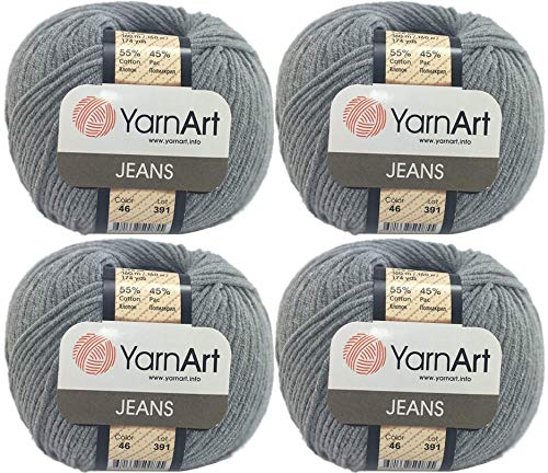 4 Knäuel YarnArt Jeans 55% Baumwolle 45% Acryl Garn Mischung Faden Häkeln Handstricken Kunst Lot von 4skn 200 g 696 Yds (46-Grau) von Yarn Art