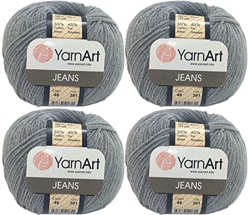 4 Knäuel YarnArt Jeans 55% Baumwolle 45% Acryl Garn Mischung Faden Häkeln Handstricken Kunst Lot von 4skn 200 g 696 Yds (46-Grau) von Yarn Art