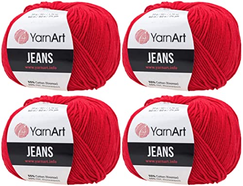 4 Knäuel YarnArt Jeans 55% Baumwolle 45% Acryl Garn Mischung Garn Häkeln Handstricken Kunst Lot von 4skn 200 gr 690 Yds (90rot) von Yarn Art
