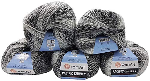 YarnArt Pacific Chunky 5 x 100 Gramm Strickwolle Mehrfarbig mit Farbverlauf, 500 Gramm Strickgarn mit 20% Wolle-Anteil (schwarz, grau 300) von Yarn Art