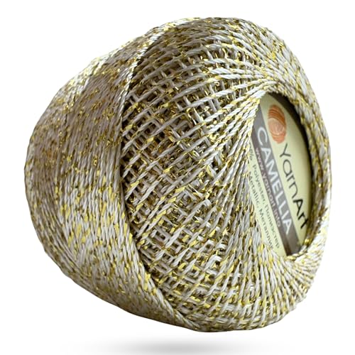 Yarnart Camellia Metallic Shimmer feines Garn, 70 % Polyester, 30 % Metallic, 192 m, 20 g, Häkelgarn, Spitze, Stickerei, Schmuckherstellung und dekoratives Bastelgarn, 1,25 mm Haken (Elfenbeingold) von Yarn Art