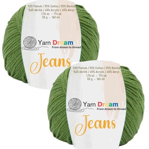 Yarn Dream Jeans 2 Knäuel, 55 % Baumwolle, 45 % Acryl, 174 Yrd, Baumwollgarn zum Häkeln, Strickgarn für Amigurumi, weiches Strickgarn, Oeko Tex, Stricken 3–4 mm/Häkeln 2,5–3 mm, 49,9 g, Grün Yarn Dream Jeans 2 Knäuel, 55 % Baumwolle, 45 % Acryl, 174 Yrd, Baumwollgarn zum Häkeln, Strickgarn für Amigurumi, weiches Strickgarn, Oeko Tex, Stricken 3–4 mm/Häkeln 2,5–3 mm, 49,9 g, Grün von Yarn Dream