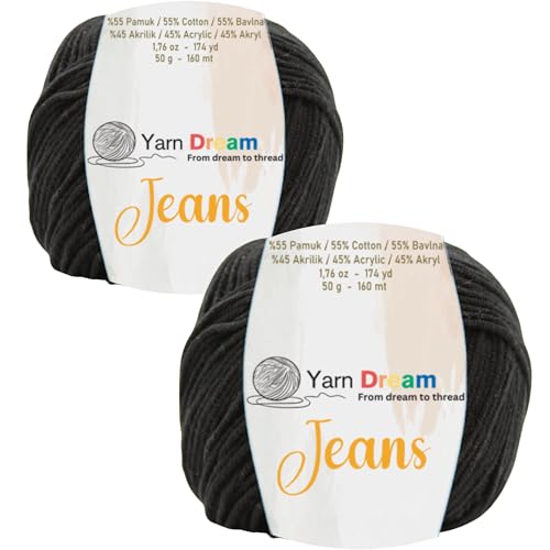 Yarn Dream Jeans 2 Knäuel, 55 % Baumwolle, 45 % Acryl, 174 m, Baumwollgarn zum Häkeln, Strickgarn für Amigurumi, weiches Strickgarn, Oeko Tex, Stricken 3–4 mm/Häkeln 2,5–3 mm, 49,9 g, Schwarz Yarn Dream Jeans 2 Knäuel, 55 % Baumwolle, 45 % Acryl, 174 m, Baumwollgarn zum Häkeln, Strickgarn für Amigurumi, weiches Strickgarn, Oeko Tex, Stricken 3–4 mm/Häkeln 2,5–3 mm, 49,9 g, Schwarz von Yarn Dream