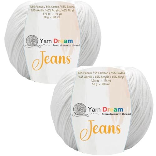 Yarn Dream Jeans 2 Knäuel, 55 % Baumwolle, 45 % Acryl, 174 m, Baumwollgarn zum Häkeln, Strickgarn für Amigurumi, weiches Strickgarn, Oeko Tex, Stricken 3–4 mm/Häkeln 2,5–3 mm, 50 g, Weiß Yarn Dream Jeans 2 Knäuel, 55 % Baumwolle, 45 % Acryl, 174 m, Baumwollgarn zum Häkeln, Strickgarn für Amigurumi, weiches Strickgarn, Oeko Tex, Stricken 3–4 mm/Häkeln 2,5–3 mm, 50 g, Weiß von Yarn Dream