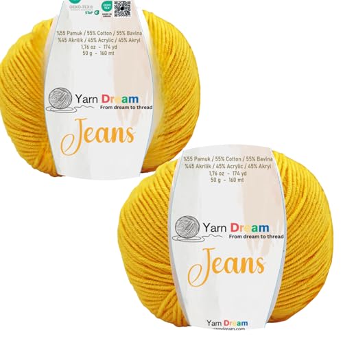 Yarn Dream Jeans 2 Knäuel, 55 % Baumwolle, 45 % Acryl, 174 m, Baumwollgarn zum Häkeln, Strickgarn für Amigurumi, weiches Strickgarn, Oeko Tex Stricken 3–4 mm/Häkeln 2,5–3 mm, 49,9 g, Gelb Yarn Dream Jeans 2 Knäuel, 55 % Baumwolle, 45 % Acryl, 174 m, Baumwollgarn zum Häkeln, Strickgarn für Amigurumi, weiches Strickgarn, Oeko Tex Stricken 3–4 mm/Häkeln 2,5–3 mm, 49,9 g, Gelb von Yarn Dream