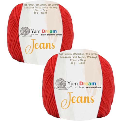 Yarn Dream Jeans 2 Knäuel, 55 % Baumwolle, 45 % Acryl, 174 m, Baumwollgarn zum Häkeln, Strickgarn für Amigurumi, weiches Strickgarn, Oeko Tex Stricken 3–4 mm/Häkeln 2,5–3 mm, 49,9 g, Rot Yarn Dream Jeans 2 Knäuel, 55 % Baumwolle, 45 % Acryl, 174 m, Baumwollgarn zum Häkeln, Strickgarn für Amigurumi, weiches Strickgarn, Oeko Tex Stricken 3–4 mm/Häkeln 2,5–3 mm, 49,9 g, Rot von Yarn Dream
