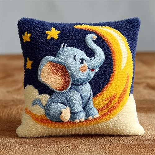Schöne Nachtansicht DIY Knüpfkissen Zum Selber Knüpfen Set,Cartoon-Elefant unter dem Sternenhimmel,Knüpfhaken-Set Kissenbezug Knüpfteppiche Kissen Knüpfen Für Kinder Und Erwachsene,17x17in von YarnAdventures