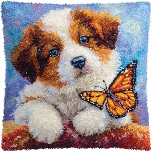 Tier Hund Latch Hook Kits Pillow for Adults,Süßer Hund und Schmetterling,Pre-Printed Patterns Pillowcase Needlework Crochet Yarns Latch Hooking Cushion for Sofa Decor,17x17in Tier Hund Latch Hook Kits Pillow for Adults,Süßer Hund und Schmetterling,Pre-Printed Patterns Pillowcase Needlework Crochet Yarns Latch Hooking Cushion for Sofa Decor,17x17in von YarnAdventures