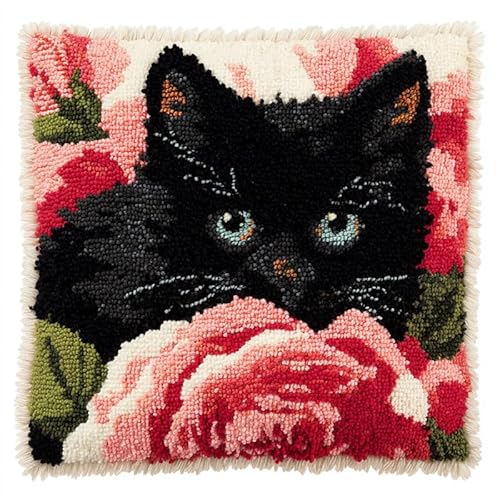 Tier Latch Hook Kits Pillow for Adults,Schwarze Katze und Blumen,Pre-Printed Patterns Pillowcase Needlework Crochet Yarns Latch Hooking Cushion for Sofa Decor,17x17in Tier Latch Hook Kits Pillow for Adults,Schwarze Katze und Blumen,Pre-Printed Patterns Pillowcase Needlework Crochet Yarns Latch Hooking Cushion for Sofa Decor,17x17in von YarnAdventures