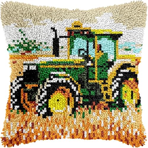 YarnAdventures Bauernhoflandschaft Knüpfhaken Kissen Kits für Anfänger Erwachsene,Traktor,Knüpfteppich Zum Selber Knüpf-Sets DIY Latch Hook Cushion,Bastelsets,Heimdekoration,43x43cm von YarnAdventures