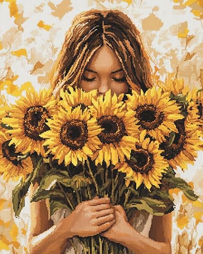 YarnAdventures Blumen Kreuzstich Set Vorgedruckt,Mädchen und Sonnenblume,11CT Sticken Set Erwachsene,40x50 cm,Stickbilder Kreuzstich für Wandkunst und Heimdekoration von YarnAdventures