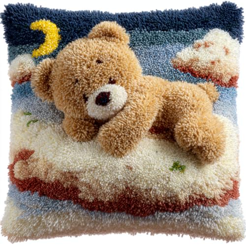 YarnAdventures Cartoon-Stil DIY Knüpfkissen-Set anfänger,Kleiner Bär liegt auf der Wolke,knüpfkissen mit vordruck Knüpfhaken-Kissen-Set,bedruckte Leinwand für Anfänger,Stickerei,Bastelk,17x17in von YarnAdventures