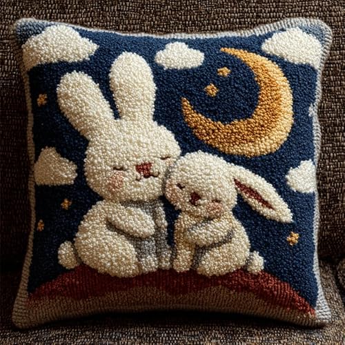 YarnAdventures Cartoon-Stil Knüpfhaken Set Kissen Diy-Knüpfhäkel-Sets,Sterne, Mond und Kaninchen,Kissenbezug,Stickerei,Nadelspitzen Für Heimdekoration,Handarbeitsset Für Anfänger 43x43cm von YarnAdventures