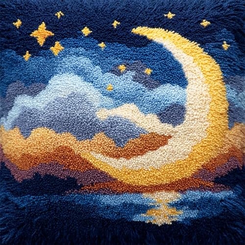 YarnAdventures Cartoon-Stil Knüpfkissen für Kinder Erwachsene,Mond und Sterne,Kissenbezug Knüpfteppich Zum Selber Knüpfen DIY Kissen Latch Hook Kit,17x17in von YarnAdventures
