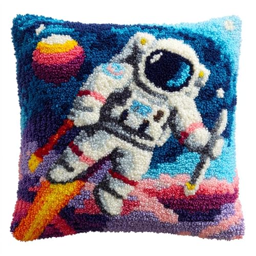 YarnAdventures DIY Knüpfkissen Zum Selber Knüpfen Set,Astronaut,Knüpfhaken-Set Kissenbezug Knüpfteppiche Kissen Knüpfen Für Kinder Und Erwachsene,17x17in von YarnAdventures