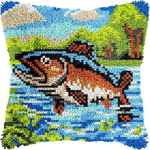 YarnAdventures Kissenbezug Knüpfset,Karpfen springen aus dem Wasser,Knüpfkissen Set,Knüpfteppich Zum Selber Knüpf-Sets,DIY Knüpfteppich Knüpfpackung,Latch Hook Kits,43x43cm von YarnAdventures