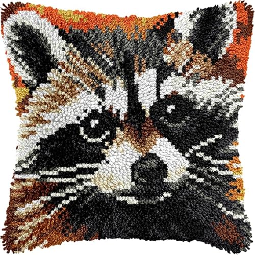 YarnAdventures Knüpf Sets,Knüpfkissen Knüpfen Knüpfteppiche,Tierischer süßer Waschbär,DIY Kissen Kissenbezug Kreuzstich Latch Hook Kit Handwerk Handarbeiten,17x17in von YarnAdventures