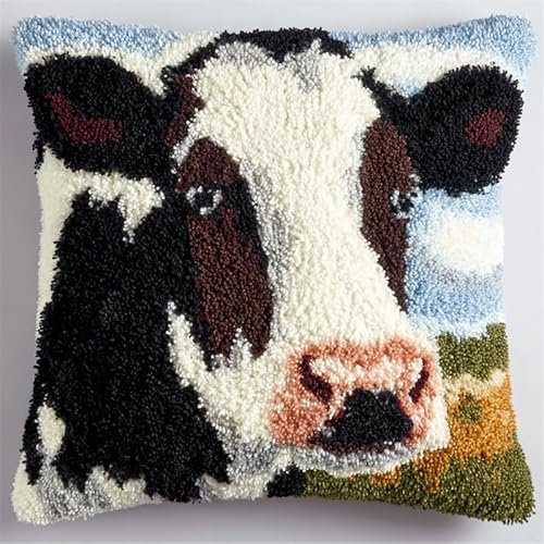 YarnAdventures Knüpfhaken-Set,Kissenbezug,Stickerei,Tier Kuh,Teppich-Set,Nadelarbeit,Kissenbezug,Sofakissenbezug,Bastelset,43x43cm von YarnAdventures