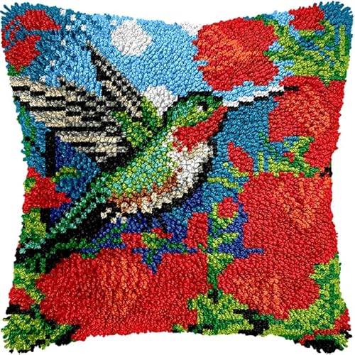 YarnAdventures Knüpfkissen Set,Blumenkolibri,Latch Hook Kissen Kit für Anfänger zum Selber Knüpfen,DIY Knüpfteppich Knüpfpackung,Knüpfhaken Set,17x17in von YarnAdventures