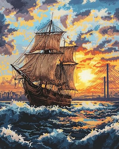 YarnAdventures Landschaft Stickpackungen 11CT Kreuzstich Set,Kreuzfahrtschiff auf dem Meer,Kreuzstich Stickerei Starter Set DIY Stickbild Handwerk Geschenk Heimdekoration,16x20in von YarnAdventures