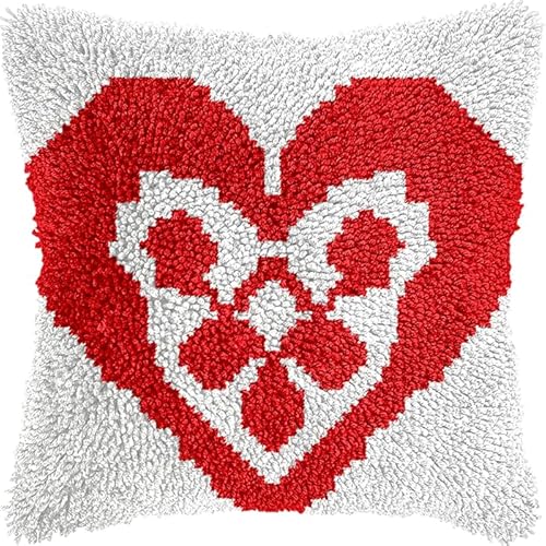 YarnAdventures Latch Hook Kissen Kit,Rotes Liebesherzmuster,DIY Knüpfhaken-Set,Kissenbezug,Knüpfteppich Knüpfpackung,Sofakissenbezug Handgemachte Geschenke,17x17in von YarnAdventures