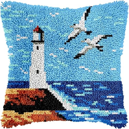 YarnAdventures Meerblick Kissenbezug Knüpfset,Leuchtturm und Möwen,Knüpfkissen Set,Knüpfteppich Zum Selber Knüpf-Sets,DIY Knüpfteppich Knüpfpackung,Latch Hook Kits,43x43cm von YarnAdventures