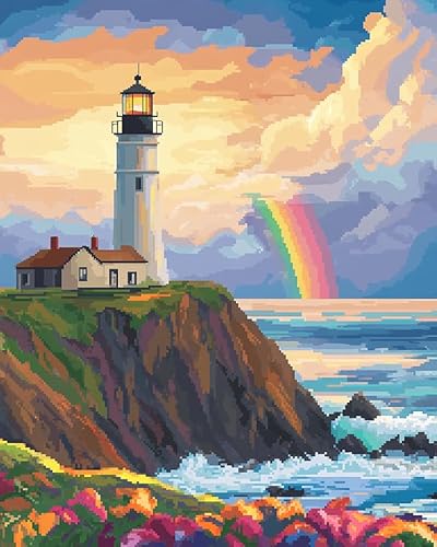 YarnAdventures Meerblick Sticken Set Kreuzstich für Erwachsene,Regenbogen-Leuchtturm,Bedruckte Leinwand DIY Stickbilder Vorgedruckt Kreuzstich Für Anfänger Home Decor,16x20in von YarnAdventures