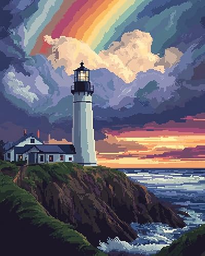 YarnAdventures Meerblick Stickerei Set Vorgedruckt Kreuzstich kit für Erwachsene,Regenbogen-Leuchtturm,Art Stickbilder DIY Kunst Kreuzstich Kit für Anfänger Kinder,40x50cm von YarnAdventures