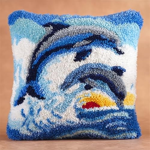 YarnAdventures Meerestiere Knüpfkissen Set,Delphin,Latch Hook Kissen Kit,DIY Latch Hook Rug für Anfänger Erwachsene oder Kinder,Kreatives Geschenk,17x17in von YarnAdventures