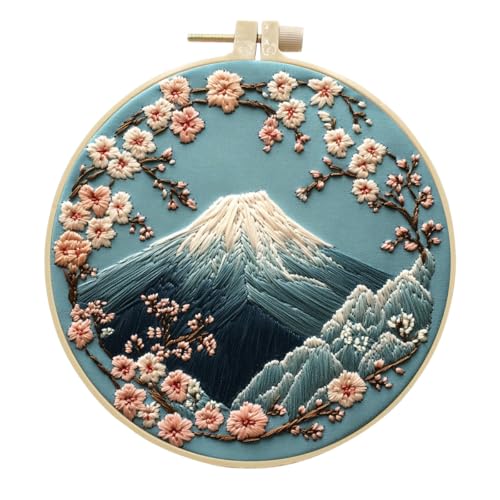 YarnAdventures Stickerei Kit für Anfänger,Snow Mountain Cherry Blossom Baum Landschaft,Hand Stickerei Kits für Erwachsene mit Hoop,DIY-Kunstprojekt-Bastelset von YarnAdventures