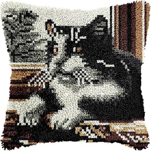 YarnAdventures Tier DIY Kissen Knüpfen Set Knüpfhaken-SetsEine schwarze Katze,Knüpfhaken-Kits,Kissenbezüge,Sofakissen,Anfänger,Basteln,Heimdekoration 43x43cm von YarnAdventures