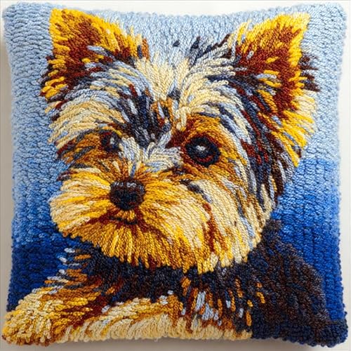 YarnAdventures Tier Hund DIY Knüpfhaken-Set,Kissenbezug,Yorkshire Terrier,Latch Hook Kissen Kit,Knüpfkissen Set zum Selber Knüpfen,Knüpfteppich Knüpfpackung,17x17in von YarnAdventures