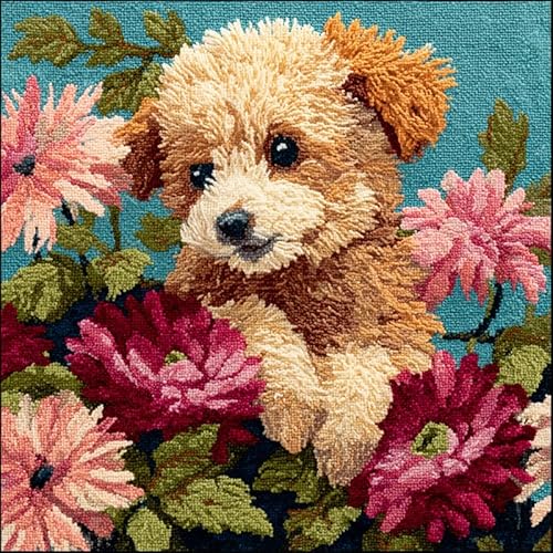 YarnAdventures Tier Hund DIY Knüpfkissen Zum Selber Knüpfen Set,Pudel in den Blumen,Knüpfhaken-Set Kissenbezug Knüpfteppiche Kissen Knüpfen Für Kinder Und Erwachsene,17x17in von YarnAdventures
