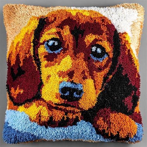 YarnAdventures Tier Hund Kissenbezug Knüpfset,Süßer Dackel,Knüpfkissen Set,Knüpfteppich Zum Selber Knüpf-Sets,DIY Knüpfteppich Knüpfpackung,Latch Hook Kits,43x43cm von YarnAdventures